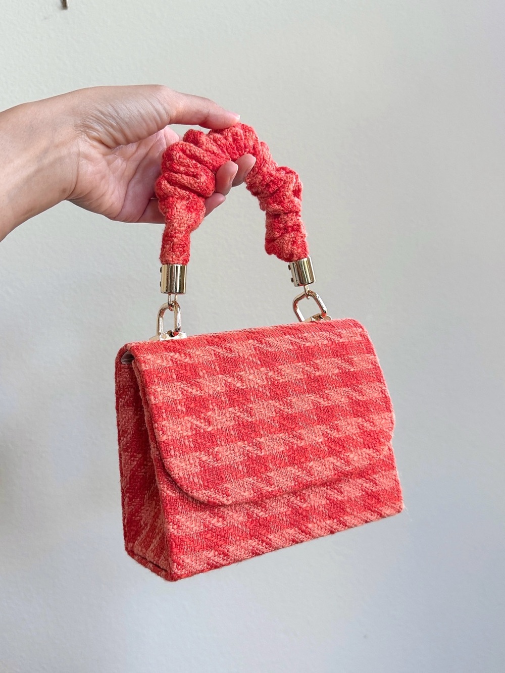 Orange Tweed Structured Handbag with Ruched Top Handle NWT